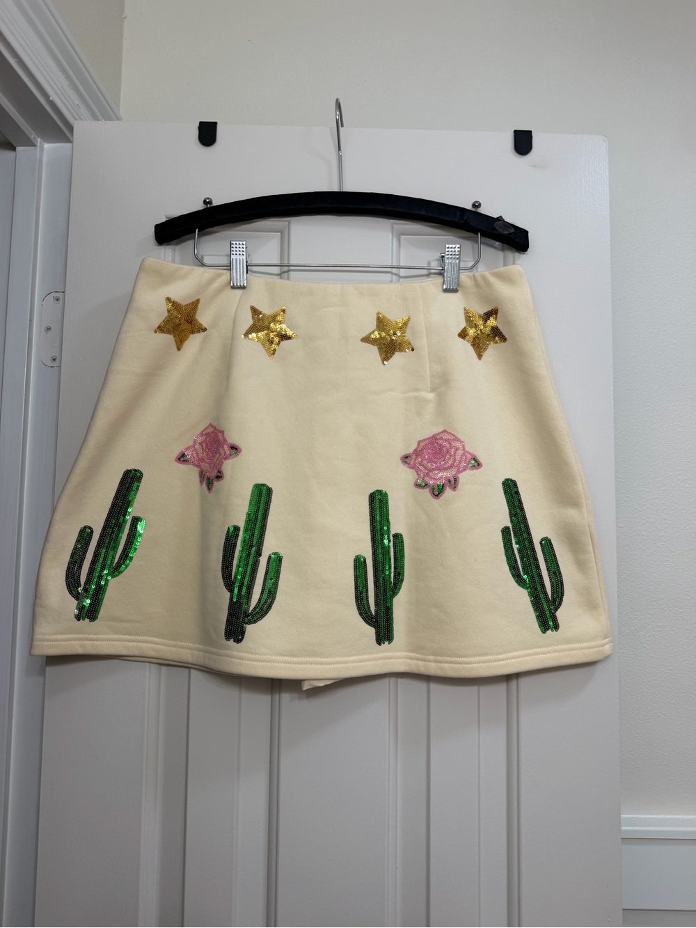 QUEEN OF SPARKLES Cream Mini Skirt with Green Sequin Cacti & Gold Stars - Picture 2 of 3